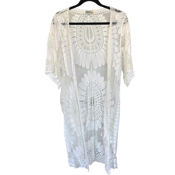 Bohemian Long Embroidered Lace Kimono Cover-Up White Sheer Beach Vacation Medium - Picture 1 of 7